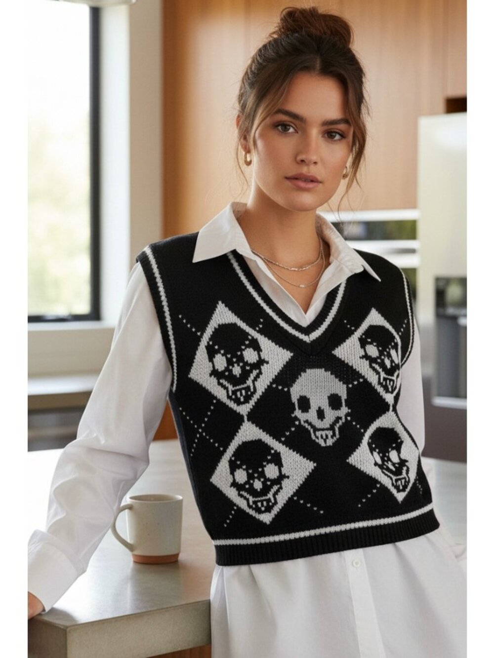Skull Argyle V-Neck Boxy Knit Sweater Vest Contrast Stripe Sleeveless Pullover